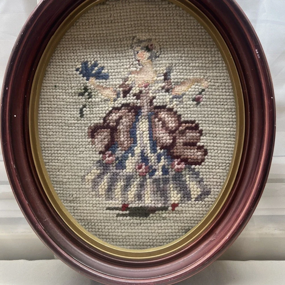Vintage Cross Stitch Victorian Woman Oval Frame